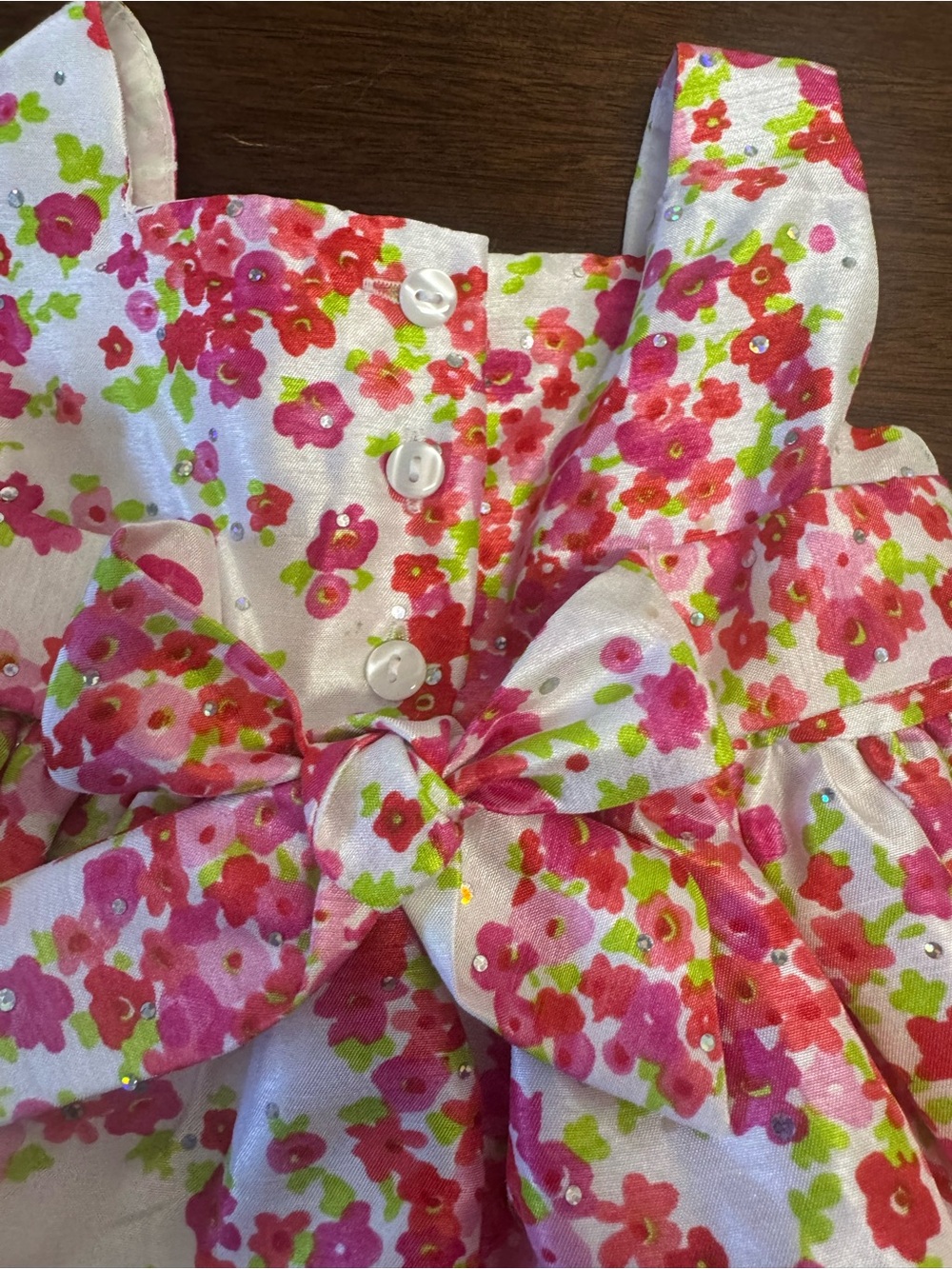 Youngland White Floral Coral Pink Green Ribbon Flower Dress - Picture 6 of 7